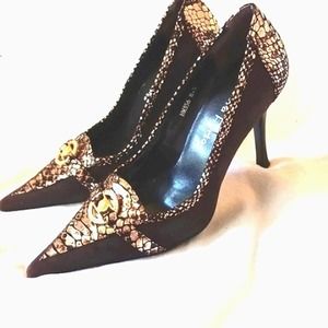 Laura Porto Glam Pumps Heels Sz 8.5 Brown Gold Italy Medusa Lion Snake Diamond